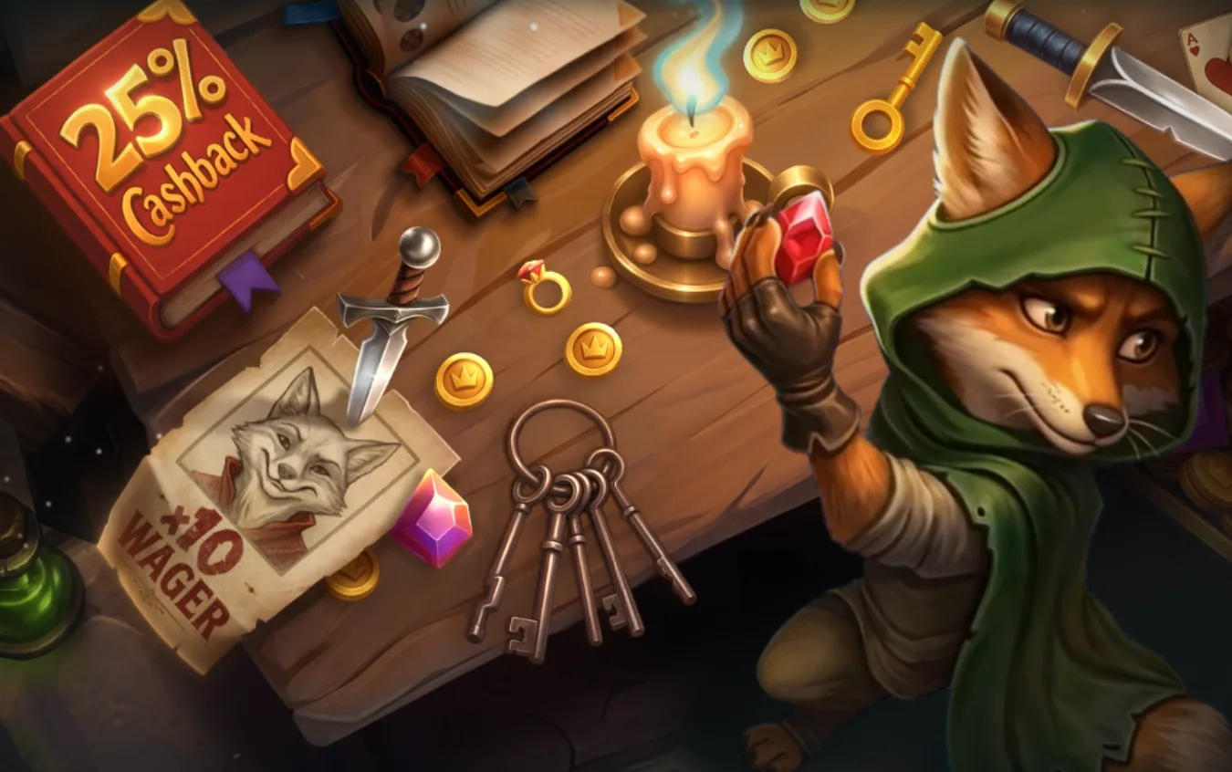 Le renard aventurier de Rivo tenant un rubis devant un coffre au trésor, entouré de pièces d'or, de clés et du livre cashback 25 %